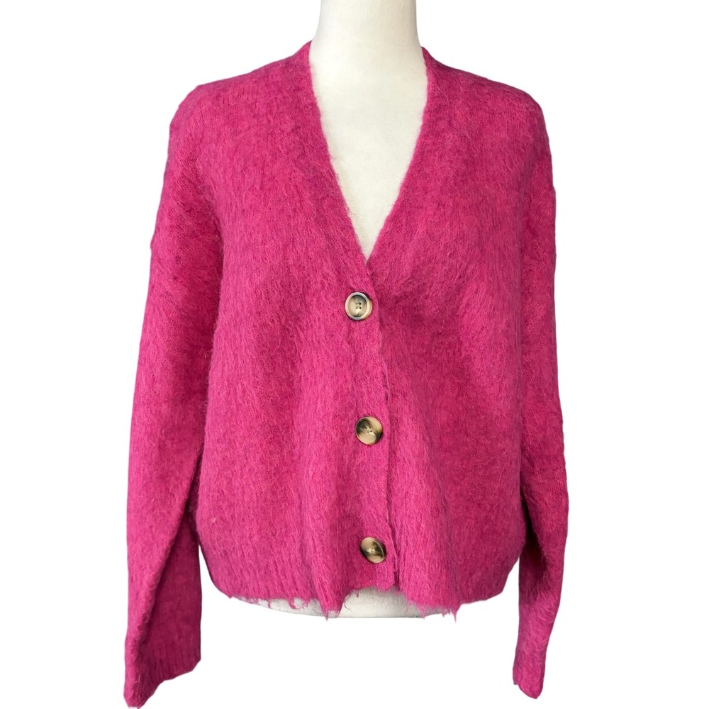 Madewell Cardigan Sweater Womens M Pink Alpaca Wool Blend V Neck Fuzzy Knit
